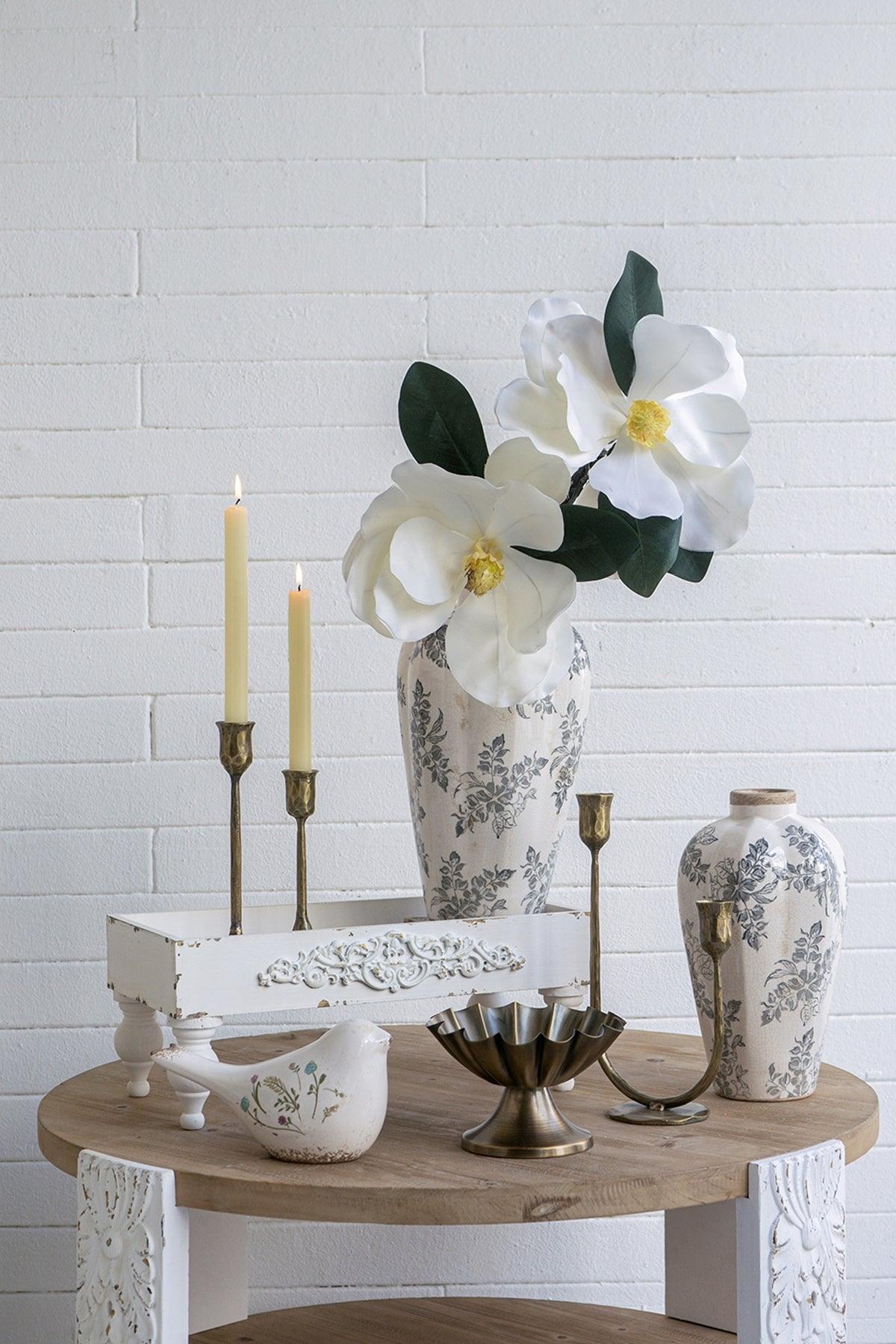 Vintage European Ceramic Vase with Distressed White Finish & Gray Floral Design