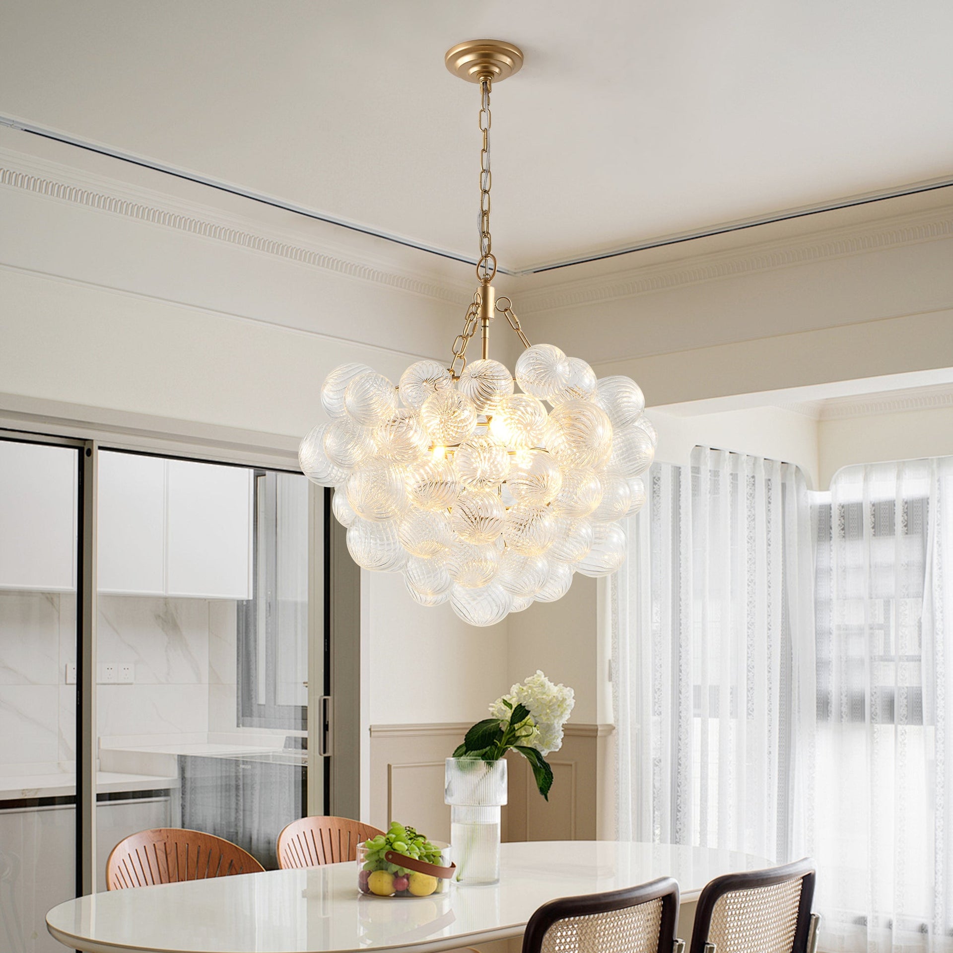 Gold Pendant Chandelier with Threaded Clear Glass Globe Shade for Living, Dining & Kitchen