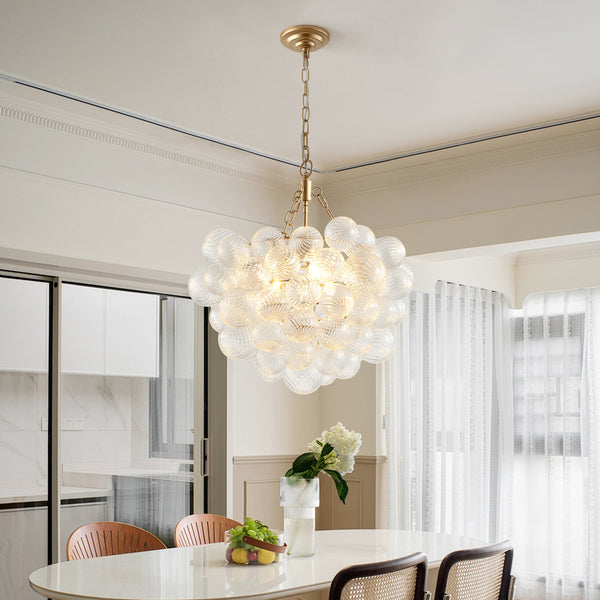 Gold Pendant Chandelier with Threaded Clear Glass Globe Shade for Living, Dining & Kitchen