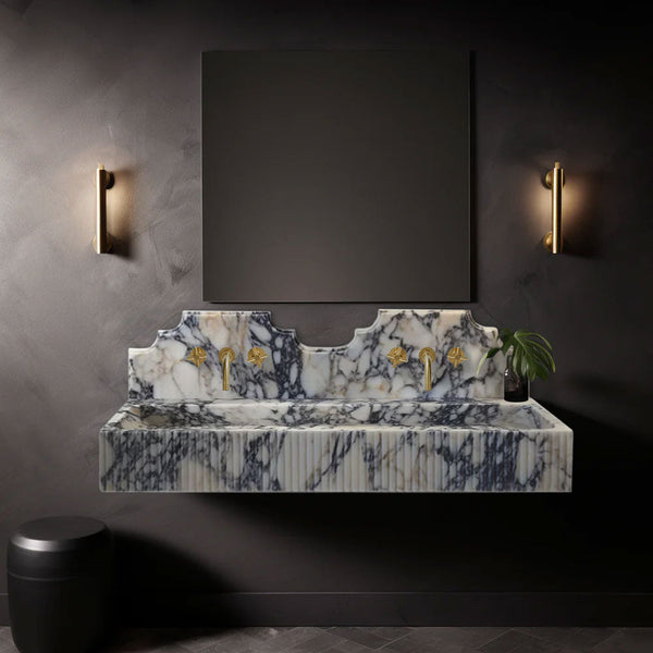 Calacatta Viola Marble Wall-mount Bathroom Sink with Fluted with Backsplash (W)20