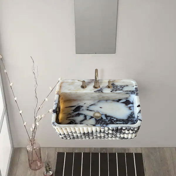 Calacatta Viola Marble Wall-Mount Rectangular Fluted Bathroom Sink (W)16