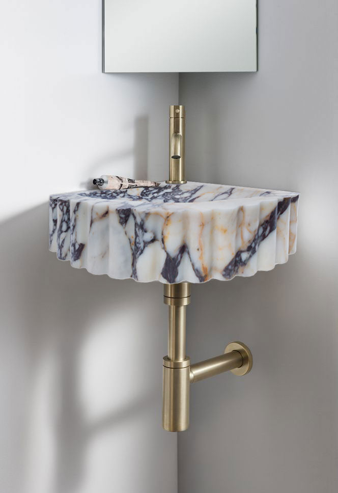 Calacatta Viola Marble Wall-mount Bathroom Corner Vanity Sink Ribbed (W)20