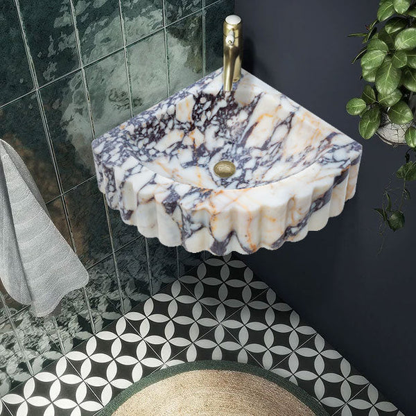 Calacatta Viola Marble Wall-mount Bathroom Corner Vanity Sink Ribbed (W)20