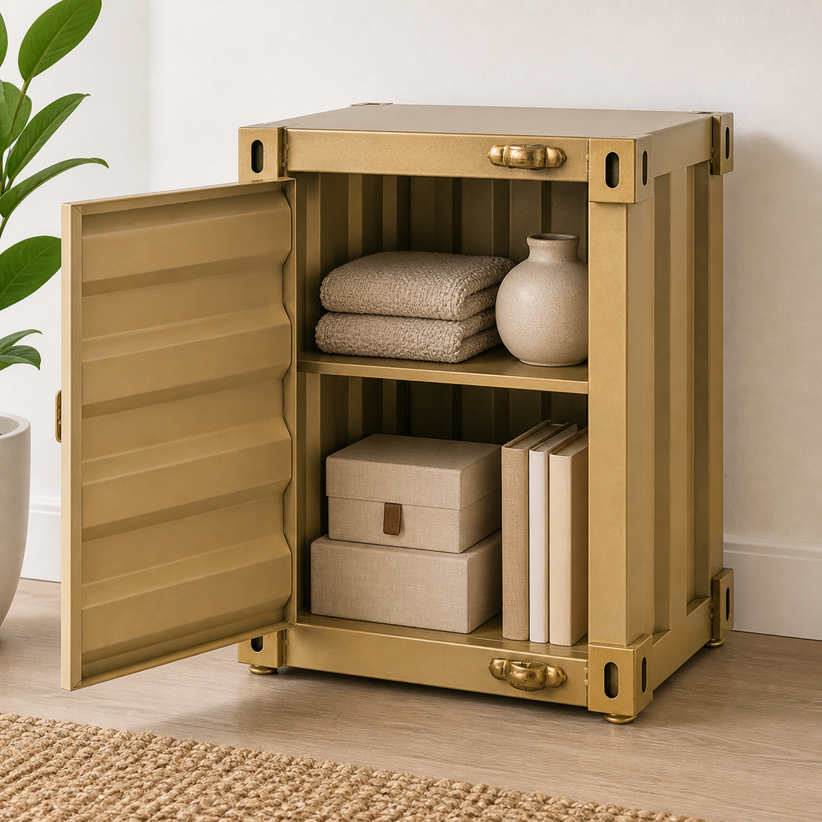 Industrial Metal Storage Cabinet, Side Table – Gold