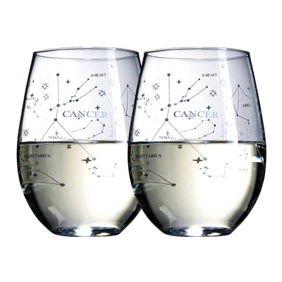 Set of 2 Zodiac Sign Wine Glasses with 2 Wooden Coasters by The Wine Savant - Astrology Drinking Glass Set with Etched Constellation Tumblers for Juice, Water Home Bar Horoscope Gifts 18oz (Cancer)