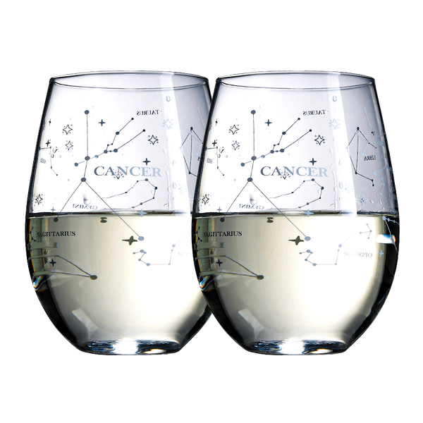 Set of 2 Zodiac Sign Wine Glasses with 2 Wooden Coasters by The Wine Savant - Astrology Drinking Glass Set with Etched Constellation Tumblers for Juice, Water Home Bar Horoscope Gifts 18oz (Cancer)