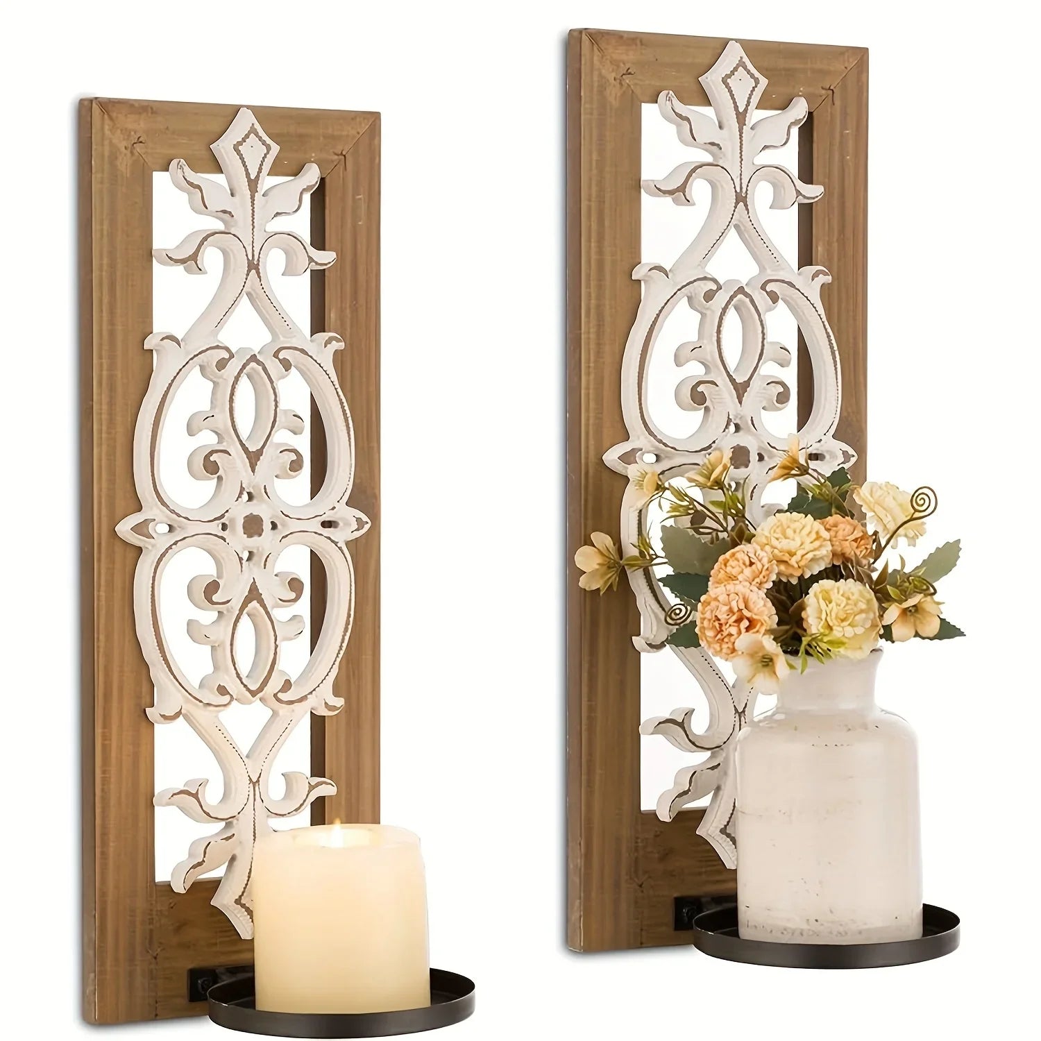 Candle Sconces - Rustic Wood Brown Wall