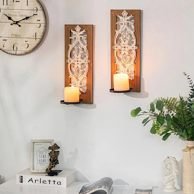 Candle Sconces - Rustic Wood Brown Wall