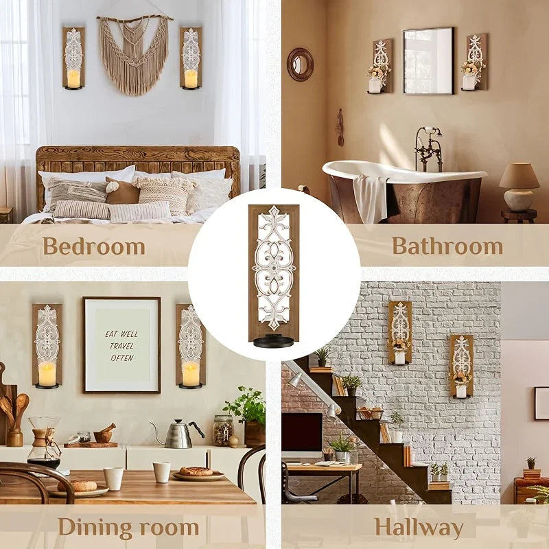 Candle Sconces - Rustic Wood Brown Wall
