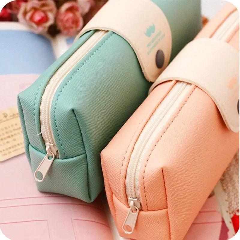 Candy Color Unique Design  PU Leather Metal Button Pencil Cases For Girls Cute Stationary Boy Pencil Pouch For Students