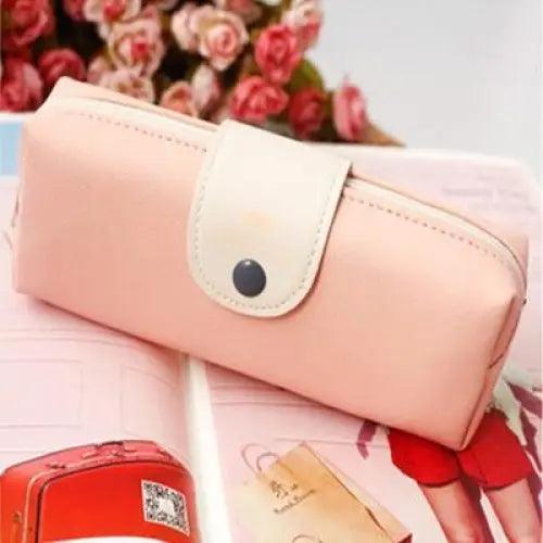 Candy Color Unique Design  PU Leather Metal Button Pencil Cases For Girls Cute Stationary Boy Pencil Pouch For Students
