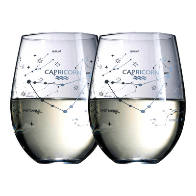 Set of 2 Zodiac Sign Wine Glasses with 2 Wooden Coasters by The Wine Savant - Astrology Drinking Glass Set with Etched Constellation Tumblers for Juice, Water Home Bar Horoscope Gifts 18oz (Capricorn)