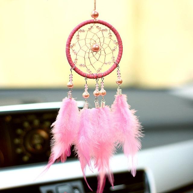 Car Interior Rear-view Mirror Hanging Decor  Small Dream Catcher Boho Nature Feather Home Decor Handmade Grids Nature Feather Car Charms Pendant Accessories Gift