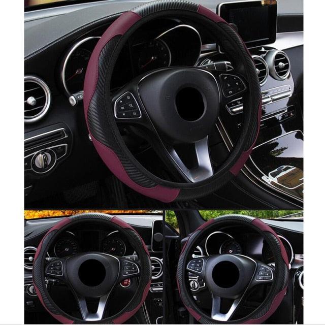 Car Steering Wheel Cover Breathable Anti Slip PU Leather Steering Covers Suitable 37-38cm Auto Decoration Carbon Fiber Thread Leather Steering Wheel Cover Heavy Duty Pure Cowhide Steering Wheel Cover, Genuine Leather Steering Wheel Cover