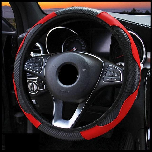 Car Steering Wheel Cover Breathable Anti Slip PU Leather Steering Covers Suitable 37-38cm Auto Decoration Carbon Fiber Thread Leather Steering Wheel Cover Heavy Duty Pure Cowhide Steering Wheel Cover, Genuine Leather Steering Wheel Cover