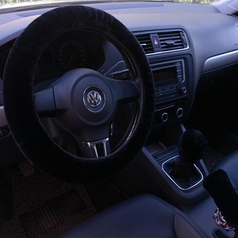 Car Steering Wheel Elastic Long Microfiber Plush Steering Wheel Cover Gearshift Handbrake Cover Protector Decoration Warm Super Thick Plush Collar Soft Car Steering Wheel Cover Decoration Warm Super Thick Plush Collar Soft Black Pink Women Man