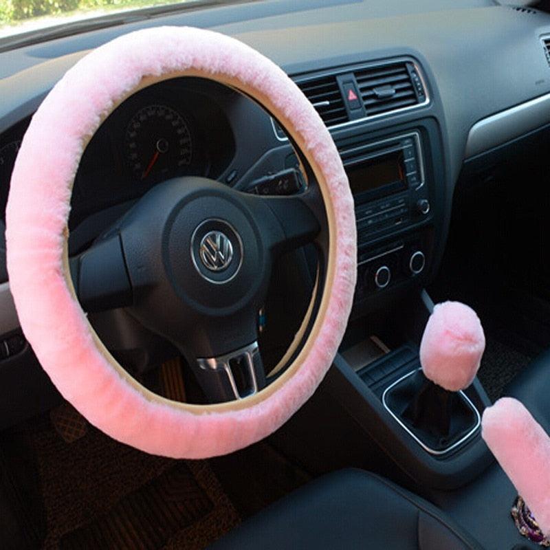 Car Steering Wheel Elastic Long Microfiber Plush Steering Wheel Cover Gearshift Handbrake Cover Protector Decoration Warm Super Thick Plush Collar Soft Car Steering Wheel Cover Decoration Warm Super Thick Plush Collar Soft Black Pink Women Man