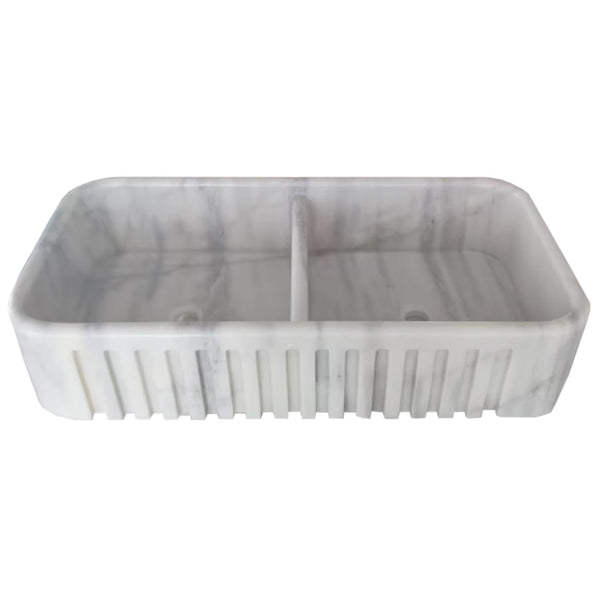 Carrara White Marble Farmhouse Apron Kitchen Double Sink (W)18