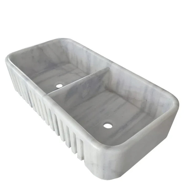 Carrara White Marble Farmhouse Apron Kitchen Double Sink (W)18