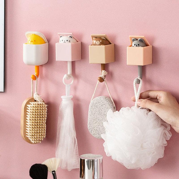 Cartoon Cat Hook Self Adhesive Dormitory Bedroom Door Hangers Hooks Key Umbrella Towel Cap Coat Rack Wall Animal Decoration Rack Non-Marking Hook Nail-Free Animal Hook Entrance Key Strong Sticking Hook