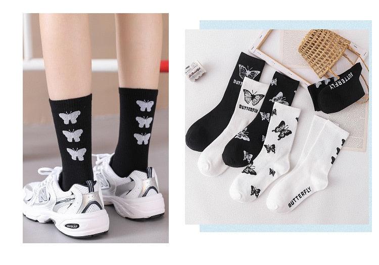Cartoon socks cute bow print white black calcetines Women's Novelty Socks Crew Fun Funky fall fashion Casual Cotton Dress Socks