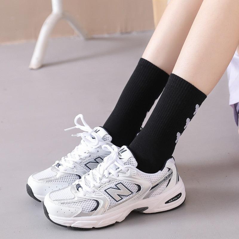 Cartoon socks cute bow print white black calcetines Women's Novelty Socks Crew Fun Funky fall fashion Casual Cotton Dress Socks