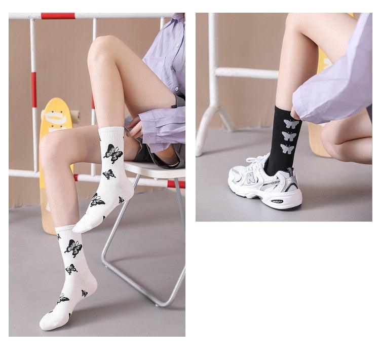 Cartoon socks cute bow print white black calcetines Women's Novelty Socks Crew Fun Funky fall fashion Casual Cotton Dress Socks