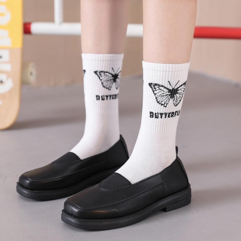 Cartoon socks cute bow print white black calcetines Women's Novelty Socks Crew Fun Funky fall fashion Casual Cotton Dress Socks
