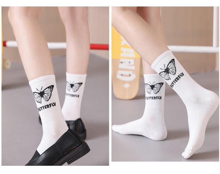 Cartoon socks cute bow print white black calcetines Women's Novelty Socks Crew Fun Funky fall fashion Casual Cotton Dress Socks
