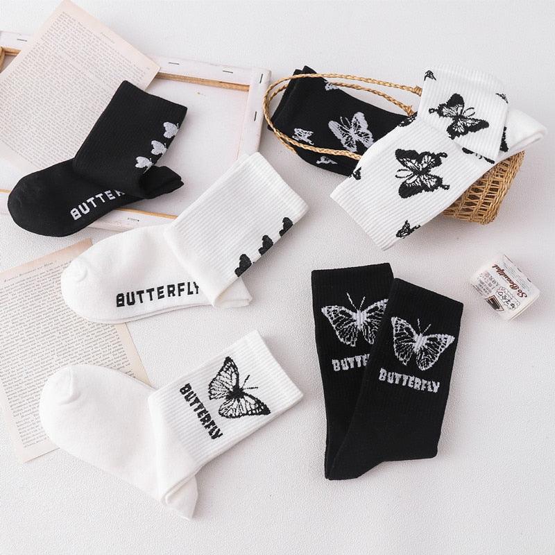 Cartoon socks cute bow print white black calcetines Women's Novelty Socks Crew Fun Funky fall fashion Casual Cotton Dress Socks