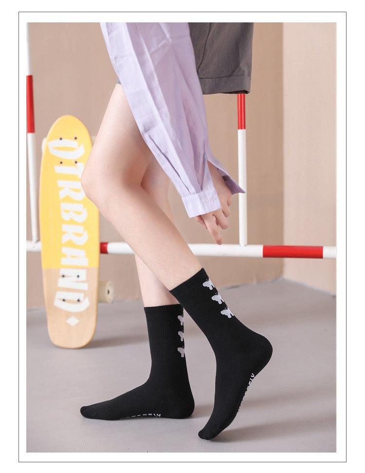 Cartoon socks cute bow print white black calcetines Women's Novelty Socks Crew Fun Funky fall fashion Casual Cotton Dress Socks