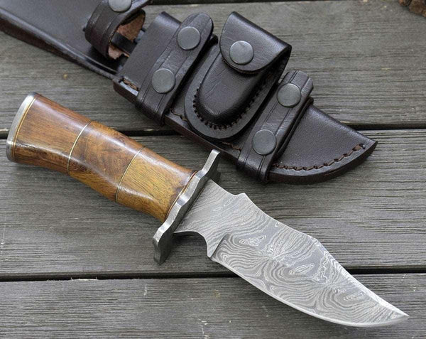 Carve Engraved Damascus Hunting Knife with Exotic Rose Wood Handle - Gifts for You 'n Me