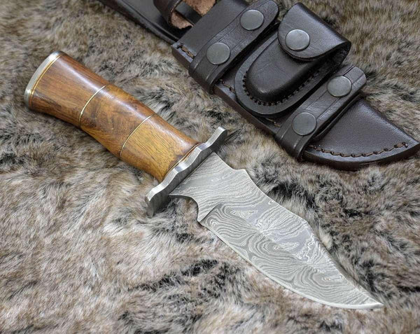 Carve Engraved Damascus Hunting Knife with Exotic Rose Wood Handle - Gifts for You 'n Me
