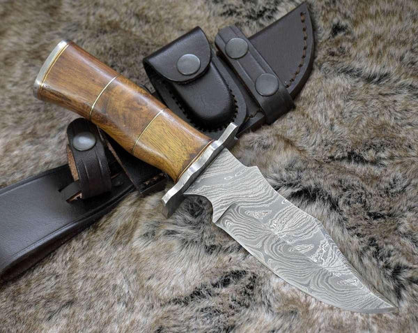 Carve Engraved Damascus Hunting Knife with Exotic Rose Wood Handle - Gifts for You 'n Me