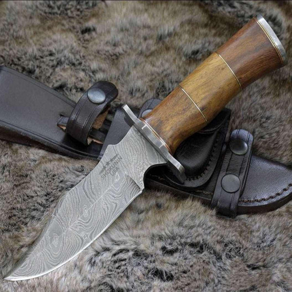 Carve Engraved Damascus Hunting Knife with Exotic Rose Wood Handle - Gifts for You 'n Me
