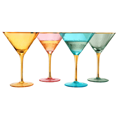 Crystal Martini Glasses Colored - Set of 4 - Stemmed Multi-Color Glass, Great for all Drink Types and Occasions - Luxury, Durable, Hand-Blown Vintage Art Deco Coupe for Champagne, Martini, Cocktails