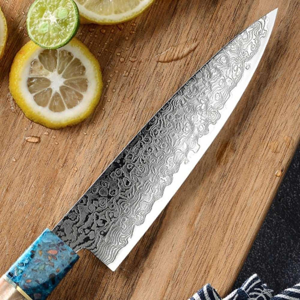 Cascade Damascus Chef Knife with Exotic Olive Wood & Resin Handle - Gifts for You 'n Me