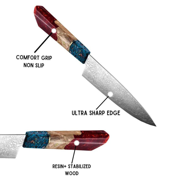 Cascade Damascus Chef Knife with Exotic Olive Wood & Resin Handle - Gifts for You 'n Me