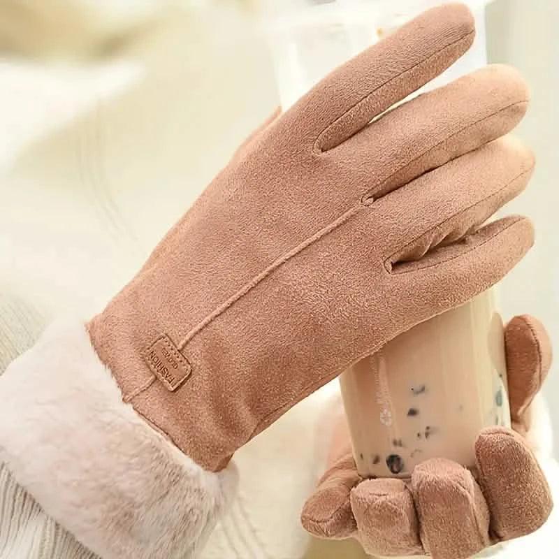 Cashmere Warm Suede Leather Plush Touch Screen Gloves