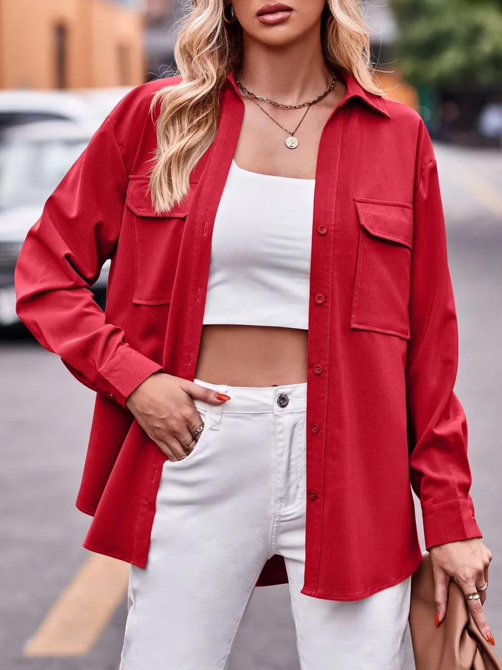 Casual and fashionable double pocket loose long sleeved solid color shirt