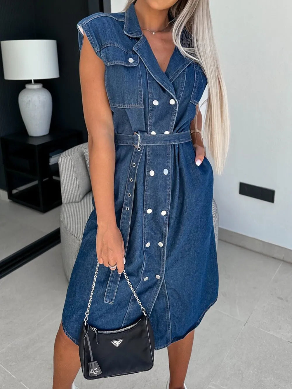 Casual collar sleeveless nail buckle open chest waist cinching lace up denim dress