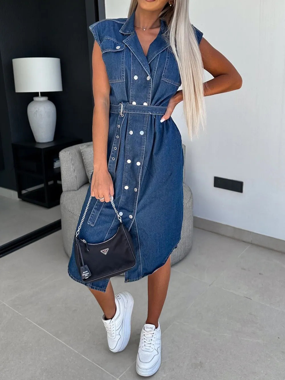 Casual collar sleeveless nail buckle open chest waist cinching lace up denim dress