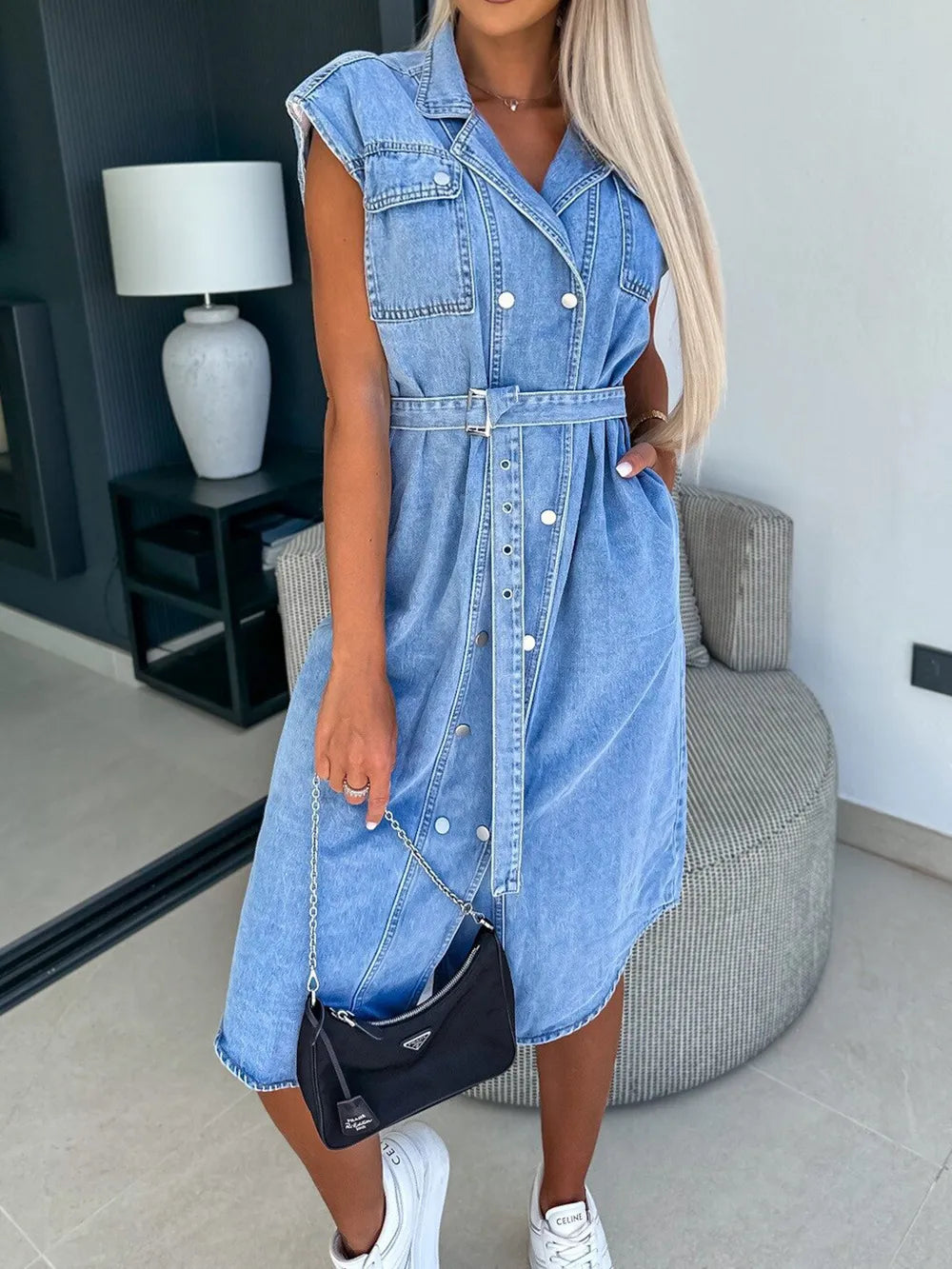 Casual collar sleeveless nail buckle open chest waist cinching lace up denim dress