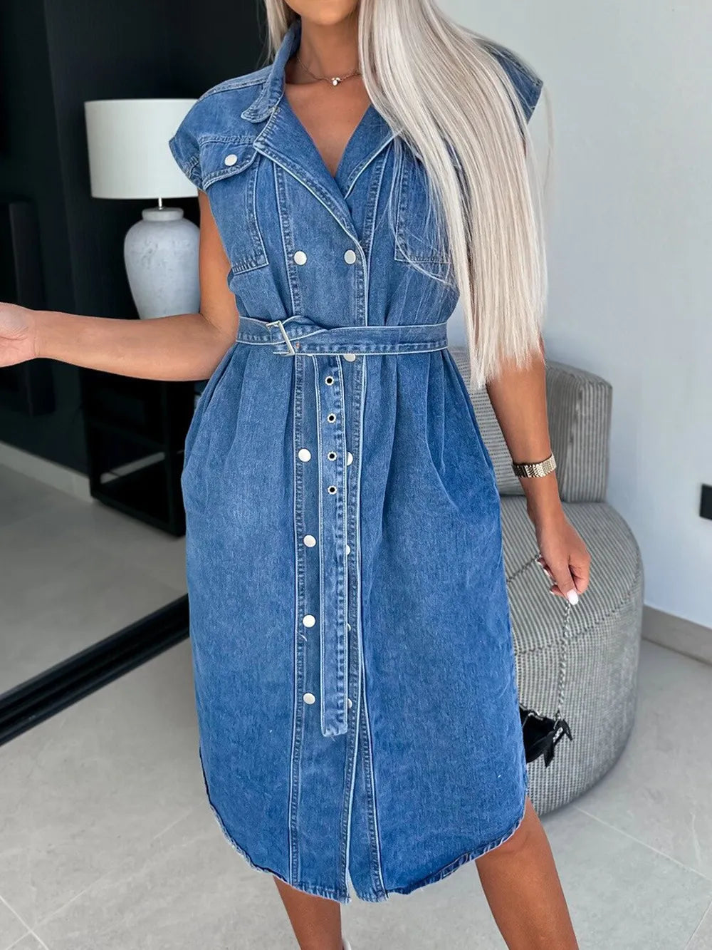 Casual collar sleeveless nail buckle open chest waist cinching lace up denim dress
