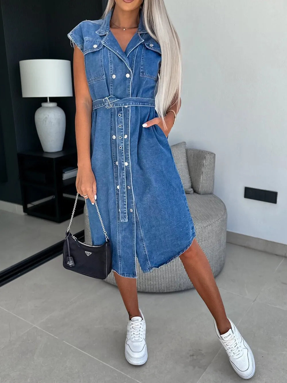 Casual collar sleeveless nail buckle open chest waist cinching lace up denim dress