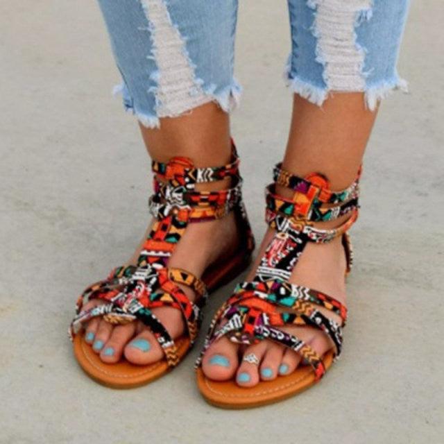 Casual Sandals Shoes Women Colorful Summer Flat Ankle Strap Sandals Shoes Flats Sandals For Women Dressy Strappy Flat Open Toe Sandals Wide Comfortable Leather Sandals