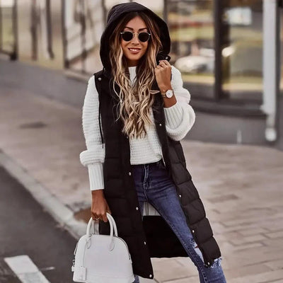 Casual Sleeveless Long Button Front Hooded Coat Outerwear