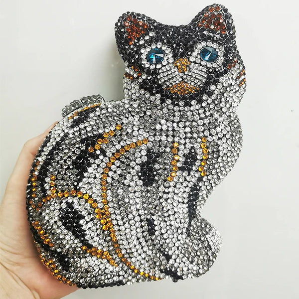 Cat Shape Women Crystal Clutches Bags Evening Purse White Rhinestone Gold Metal Clutch Party Mini Minaudiere Prom Chain Handbags