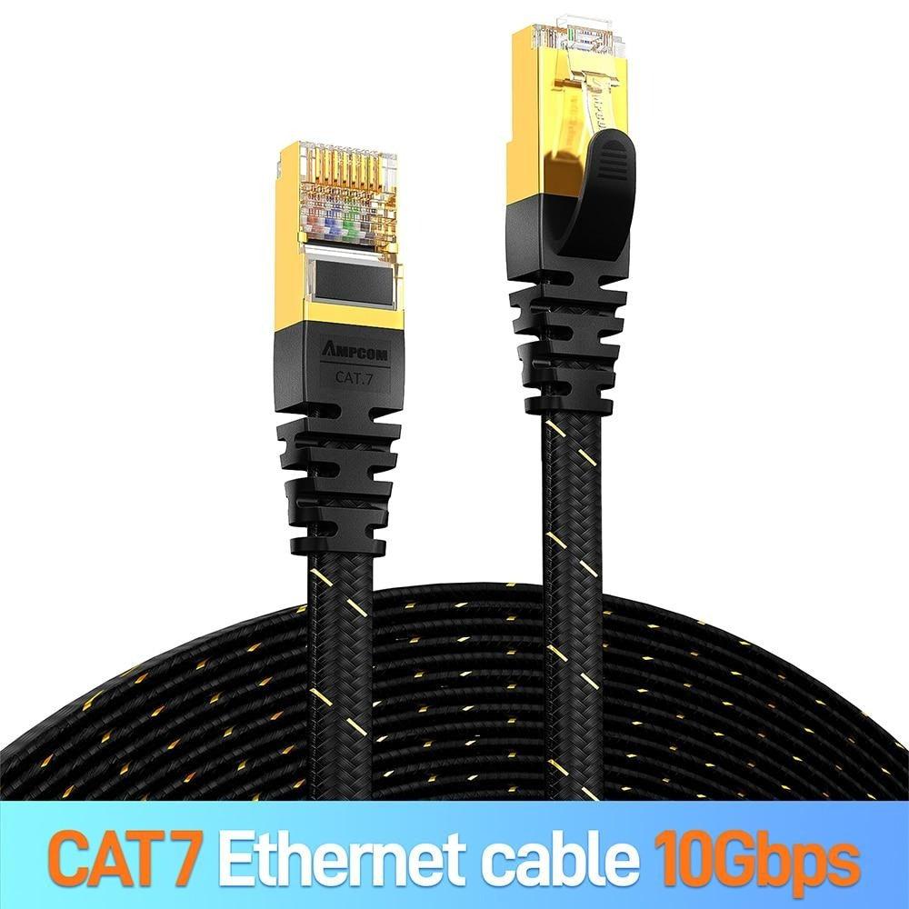 CAT7 Ethernet Cable 10G 600MHz Shielded Flat RJ45 Internet Network Patch Cord Fast LAN Wire Network Gold Plated Lead Polyester Braided For Gaming