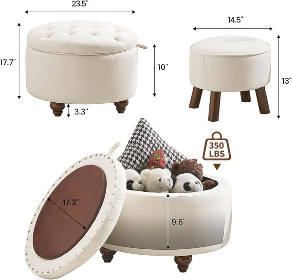 24 Inch Round Beige Storage Ottoman Removable TopWith Storage